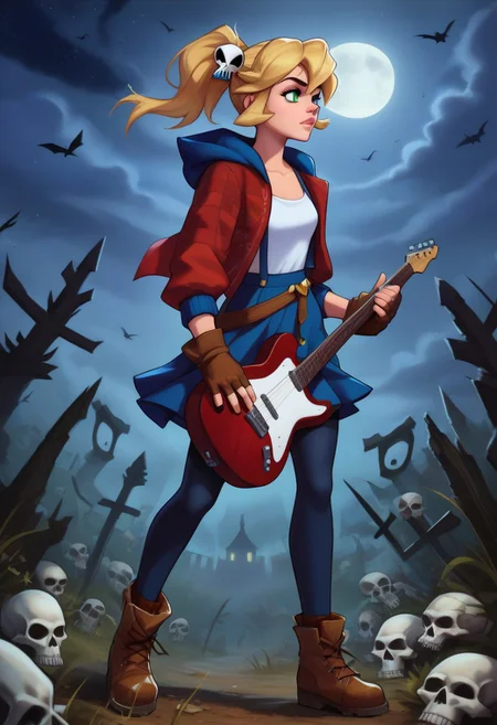 score_9, score_8_up, score_8, 1girl, electric guitar, holding guitar, field of view, dynamic pose, dynamic angle, detailed backgrounding , standing in crypt, dark crypt, nighttime, moonlight, 
rift cadence, rift cadence, solo, skirt, blonde hair, shirt, hair ornament (skull), gloves, green eyes, jacket, suspenders, ponytail, pantyhose, boots, open clothes, belt, hood, fingerless gloves, open jacket, blue skirt, brown footwear, red jacket, brown gloves, (masterpiece, detailed:1.2), Dark Fantasy page