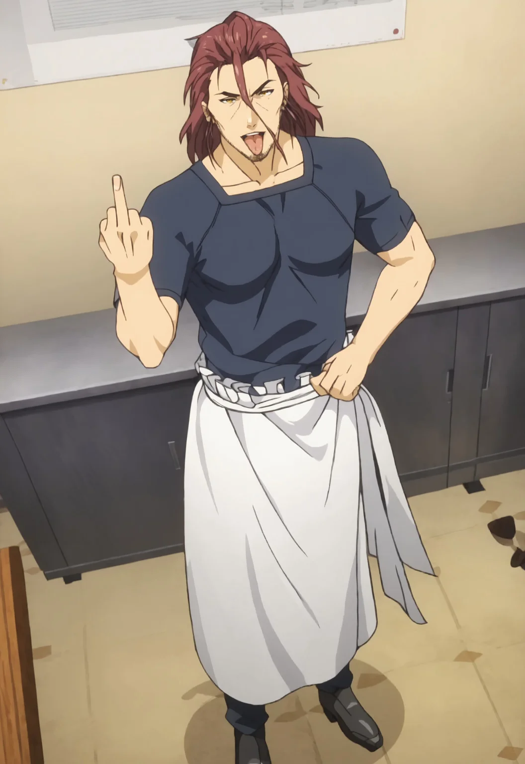 safe_pos, safe_pos, score_9, score_8_up, rating_nsfw, ultra hd, absurdres, best quality, ultra quality, masterpiece, masculine, solo, 1boy, male focus, best anatomy, best eyes, detailed eyes, best hands, erotic, gay porn, hand with five fingers, mature male, anime screencap
FoodJoichiro, stubble, facial hair, long hair, red hair, dark blue shirt, waist apron, amber eyes, looking at viewer, full body, open mouth, tongue out, middle finger, showing middle finger, offensive, Expressiveh