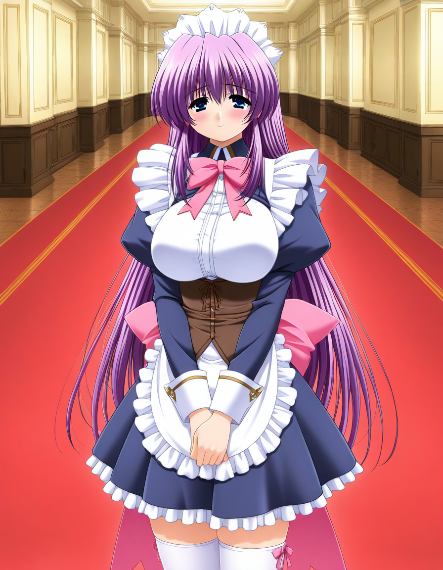 general,highres, ultra-detailed,very aesthetic,best quality ,best hands,  BREAK <lora:Mikado_Shizuru_IS:1> Mikado_Shizuru, 1girl, purple hair, long hair, blue eyes, maid, large breasts, maid headdress, apron, frills, 
 solo, thighhighs, bow, blush, long sleeves, zettai ryouiki, white thighhighs, own hands together, puffy sleeves, pink bow, juliet sleeves, light smile, pink ribbon, brown belt,
dress, ribbon, standing, skirt, 
Western-style room, red carpet,