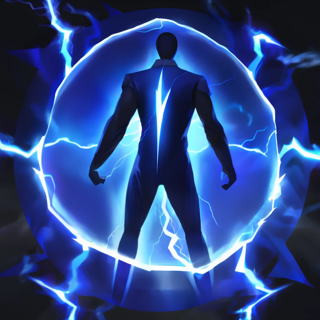 SkillIcon, a man stands at the center of an energy shield composed of blue lightning, with a black background, <lora:SkillIconloha--000020:0.6>