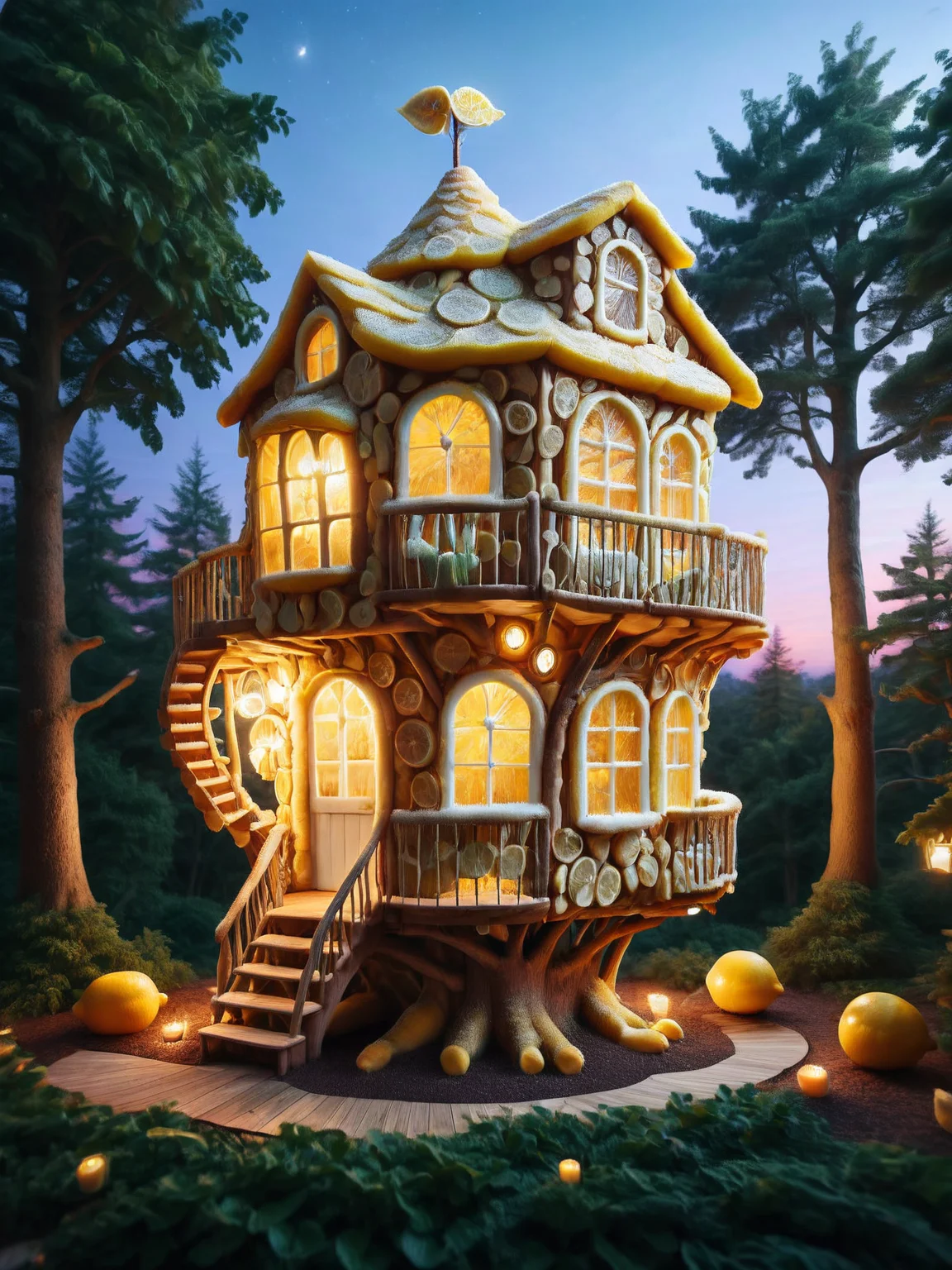 A whimsical ais-lmnsgr treehouse nestled among trees, with windows that glow warmly in the twilight <lora:ais-lmnsgr-sdxl:1>.