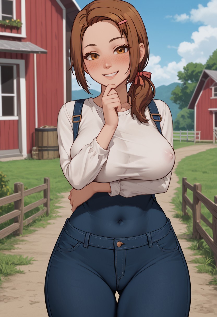 score_4,score_5,score_6,score_7_up,score_8_up,score_9
((masterpiece,best quality,ultra detailed,highres,HD,4k:1.2)),
1girl, solo, girl forcus,solo forcus,
large breasts,brown hair,long hair,hair ornament,hair ribbon,hairclip,curvy,wide hips,freckles, shirt,pants,denim,thick thighs,suspenders,overalls, covered nipples,covered navel,no bra, arm under breasts, smile,blush,light smile,
outdoors,farm,
blush,smile,light smile,