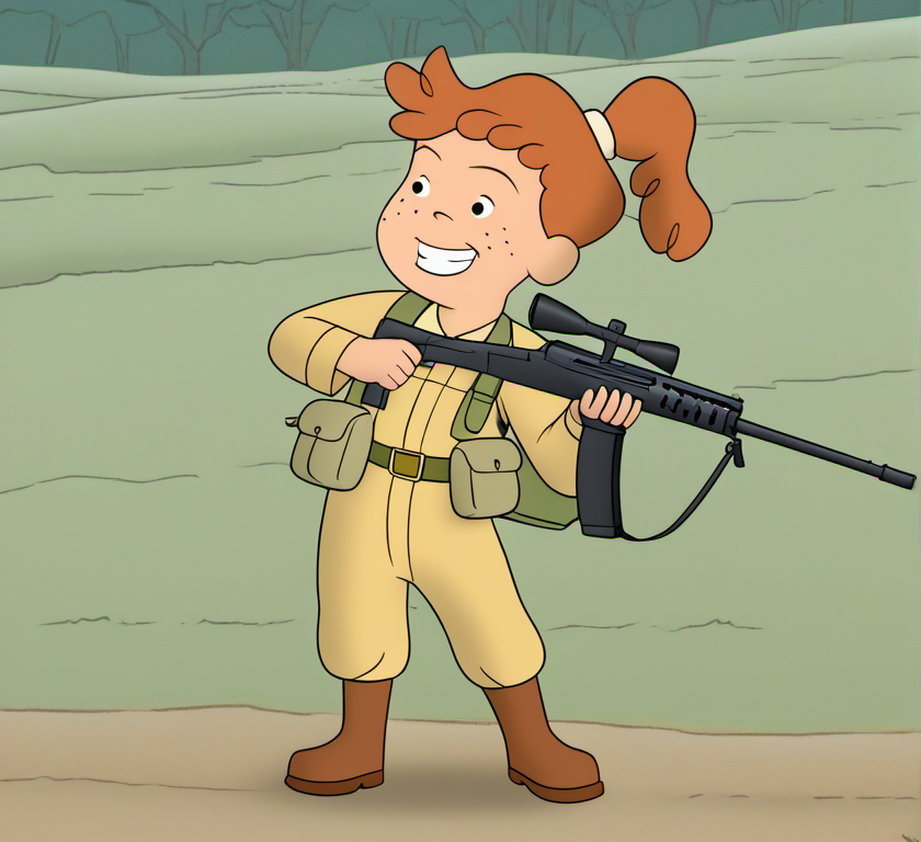 1girl, solo, awcg1, freckles, grin, hunting with gun, ponytail, safari suit with belt, orange hair, boots, child, shooting hunting rifle, standing shooting pose, on safari, <lora:awcg1:1>,