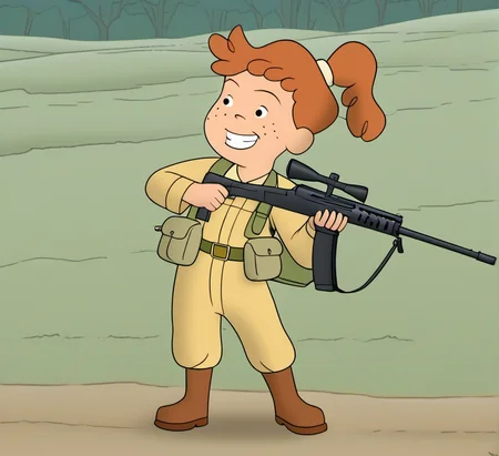 1girl, solo, awcg1, freckles, grin, hunting with gun, ponytail, safari suit with belt, orange hair, boots, child, shooting hunting rifle, standing shooting pose, on safari, <lora:awcg1:1>,