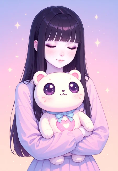 masterpiece, best quality, ultra-detailed, photorealistic, 1girl, young woman,
gentle smile, soft hug, leaning on shoulder, eyes closed slightly, peaceful expression,
long black straight hair, blunt bangs,
pale skin, soft blush on cheeks,
glowing purple eyes, dark eyeliner, subtle dark sclera,
slim face, small nose, beauty marks,
cute pastel outfit, simple pastel background, cozy indoor setting, soft lighting, warm atmosphere,
kawaii aesthetics, japanese idol,
ng_deepnegative_v1_75t, Luna Corvus, k4w4iim1r41