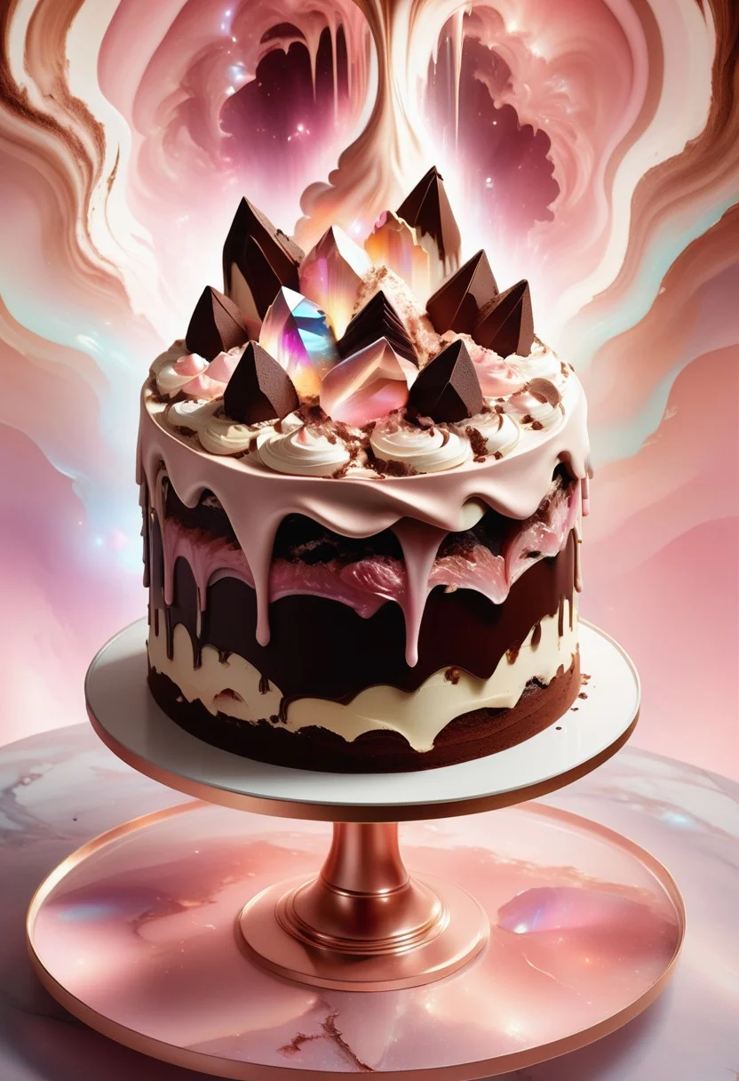 a tiramisu cake with melted chocolate, pink mist and cocoa powder, detailed with light pink aura quartz by jed-auraquartz