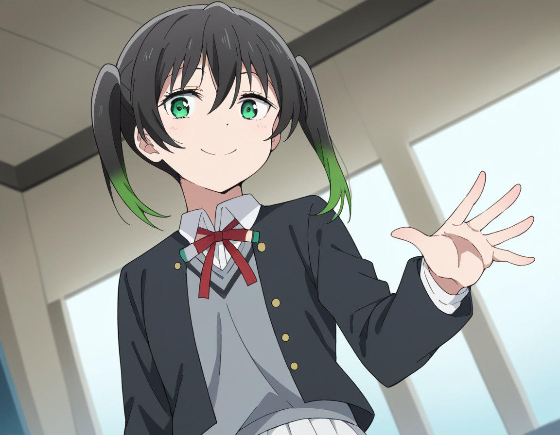 score_9, score_8_up, score_7_up, source_anime, <lora:yuu-takasaki-s2-ponyxl-lora-nochekaiser:1>, yuu takasaki, bangs, black hair, hair between eyes, twintails, green eyes, multicolored hair, green hair, medium hair, two-tone hair, gradient hair,, skirt, long sleeves, school uniform, jacket, red ribbon, black jacket, blazer, nijigasaki academy school uniform, white skirt,, indoors, smile, looking at viewer, solo,, cowboy shot, dutch angle