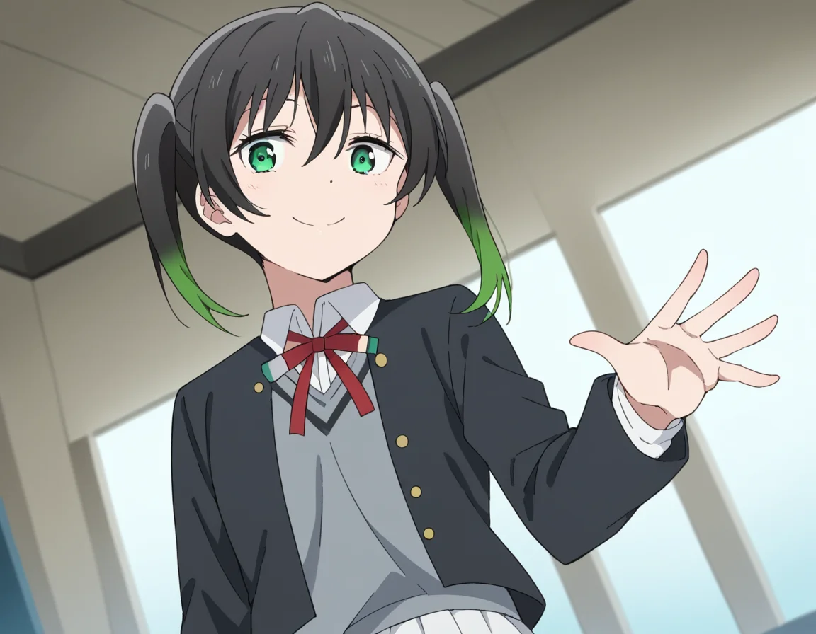 score_9, score_8_up, score_7_up, source_anime, <lora:yuu-takasaki-s2-ponyxl-lora-nochekaiser:1>, yuu takasaki, bangs, black hair, hair between eyes, twintails, green eyes, multicolored hair, green hair, medium hair, two-tone hair, gradient hair,, skirt, long sleeves, school uniform, jacket, red ribbon, black jacket, blazer, nijigasaki academy school uniform, white skirt,, indoors, smile, looking at viewer, solo,, cowboy shot, dutch angle