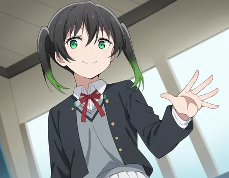 score_9, score_8_up, score_7_up, source_anime, <lora:yuu-takasaki-s2-ponyxl-lora-nochekaiser:1>, yuu takasaki, bangs, black hair, hair between eyes, twintails, green eyes, multicolored hair, green hair, medium hair, two-tone hair, gradient hair,, skirt, long sleeves, school uniform, jacket, red ribbon, black jacket, blazer, nijigasaki academy school uniform, white skirt,, indoors, smile, looking at viewer, solo,, cowboy shot, dutch angle