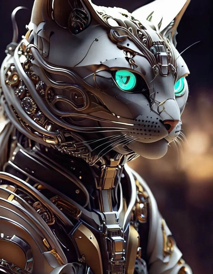 cinematic photo no humans, cat, black background, robot, science fiction, simple background, cable, machine, mecha, Feline, glowing, intricate, elegant, highly detailed, deep color, bright colors, sharp focus, epic, magical, mystical, scenic, very beautiful, singular, romantic, coherent, cute, perfect, illuminated, clear, futuristic, inspired, ambient light
<lora:FelineCraft-000007:1>, , <lora:FILM_PHOTOGRAPHY_STYLE:0.25> . 35mm photograph, film, bokeh, professional, 4k, highly detailed