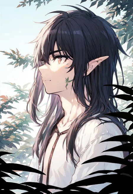 masterpiece, best quality,pointy ears, 1boy, solo, profile, male focus, leaf, upper body, long hair, black hair, plant, tree