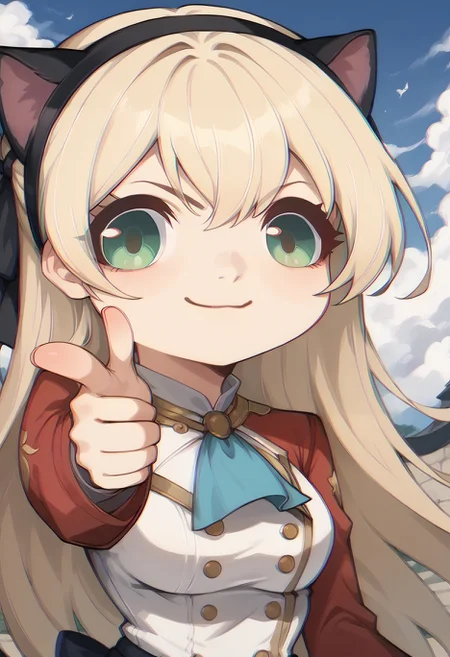 score_9,score_8_up,score_7_up,detailed, chromatic aberration, <'EM_1'> , portrait, zeroElie, black hairband, hair ribbon, long hair, ascot, uniform, long red sleeves, white dress, smile, closed mouth, close-up,finger gun, pointing at viewer, green eyes, cat ears,
<lora:potat_chromatic_aberration_PDXL_v3:1.0> <lora:elie-pdxl-nvwls-v1:0.8> <lora:Fingergun_XLPD:1> <lora:meme_mutsukiface_ponyXL:1.3>