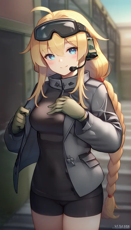 score_9,score_8_up,score_7_up,score_6_up BREAK official art,solo,outdoors,upper body,(portrait:1.5),looking at viewer,facing viewer,smile,blush,Whiskey Project,very long hair,blonde hair,ahoge,goggles on head,headset,single braid,ear protection,sidelocks,hair between eyes,bangs,blue eyes,grey jacket,turtleneck jacket,long sleeves,green gloves,medium breasts,bike shorts,black shorts,short shorts,knee pads,boots,<lora:Whiskey Project(vtb)-Pony:2>,