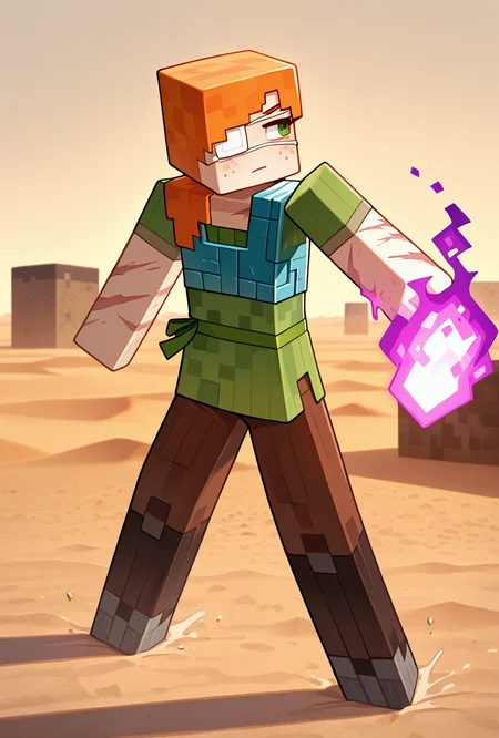 <lora:alexmc-05:1> alexmc, orange hair, 1girl, solo, green eyes, long green shirt, brown pants, short sleeves, freckles, square arms, square body, green waist ribbon,  minecraft end, minecraft end dimension, long tall black pillars in the background, fighting black dragon, purple fire, purple sword, blue chest plate, chest plate armor, blue knight chest plate, armor,  scars, injury, white sand floor, white eye patch, dynamic pose, desert, sand dunes, giant black pillars,, masterpiece, best quality, amazing quality, very aesthetic, absurdres, newest,