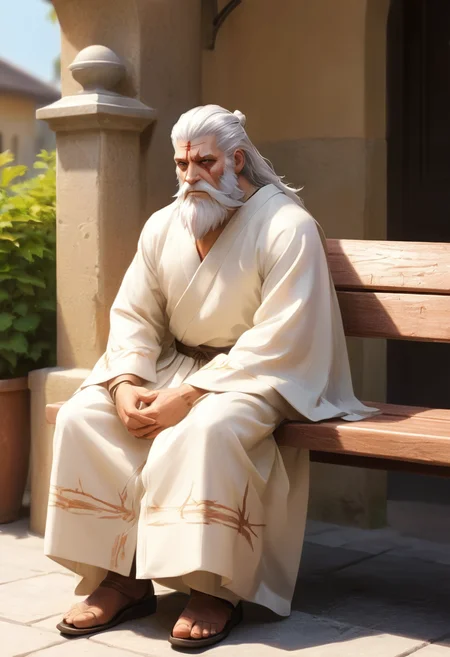 anime,illustration,Reinhardt sits on an outdoor bench in his priestly robes,sunning himself,full body,<lora:xl-reinhardt-000012:0.7>,scar across eye,beard,white hair,