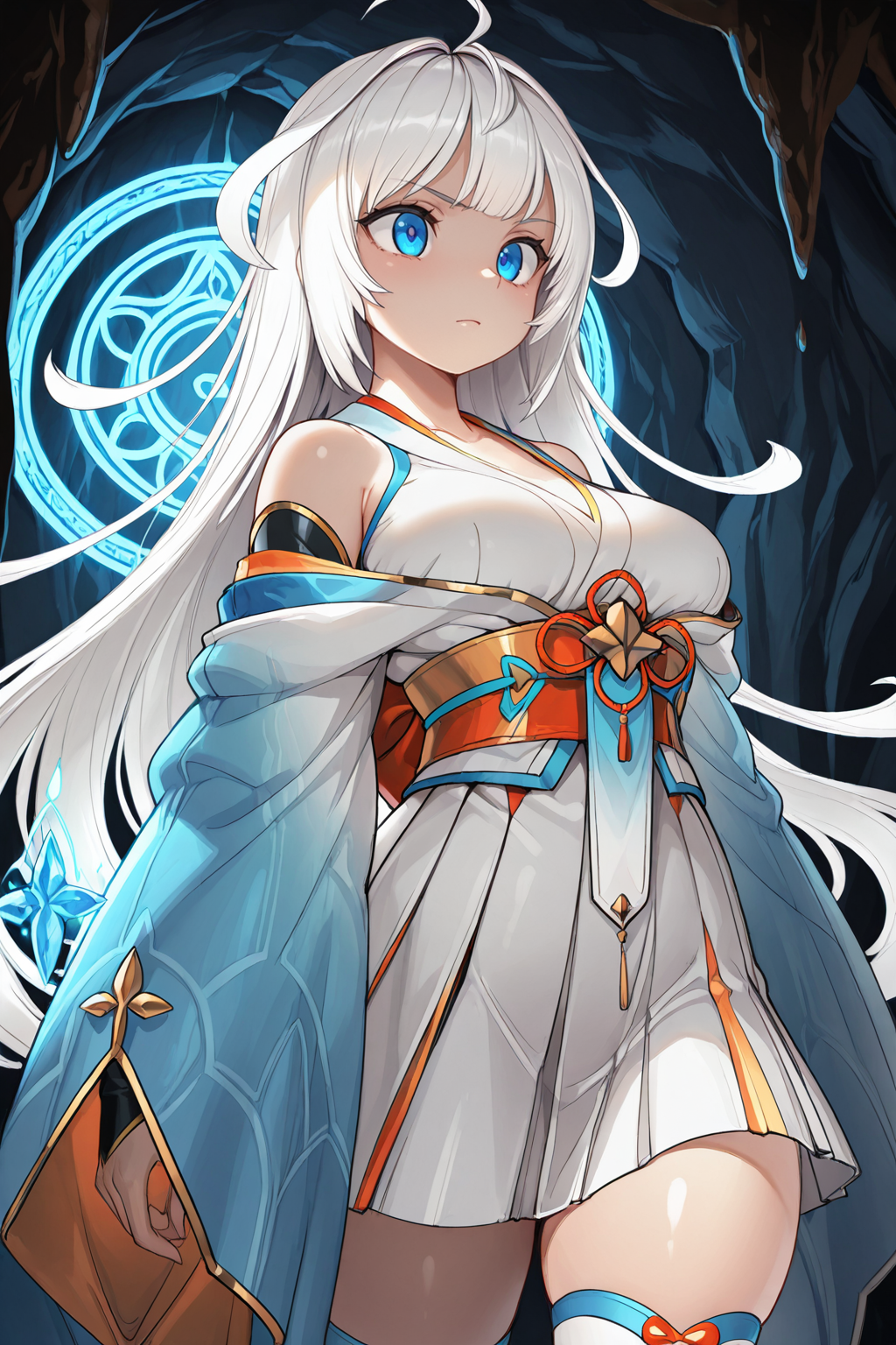 masterpiece, best quality, amazing quality, ultra-detailed, 8k, high contrast <lora:nagi_ayrb_0.2:1>
nagi_ayrb, white hair, very long hair, ahoge, blue eyes,bare shoulders, white kimono, blue sleeves, gold trim,wide sleeves, black kote, short dress, pleated skirt, sash, blue and white clothing,  white thighhighs,
serious, inside cave, faint light, glowing crystals, magical circle, blue mist,
low key lighting, dramatic shadows, backlight, volumetric fog,
tense atmosphere, fantasy, intricate environment