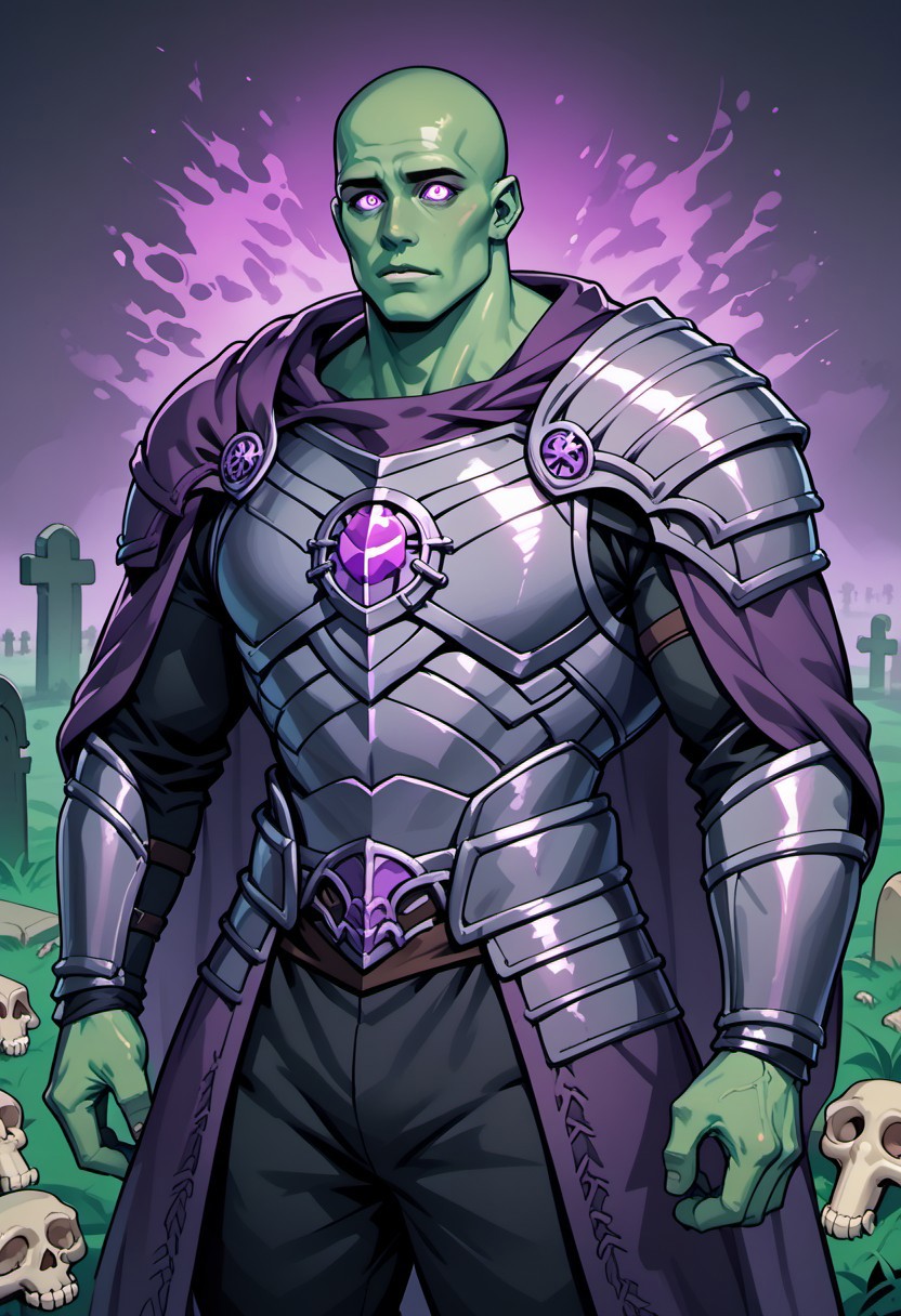 score_9, score_8_up, score_7_up, high quality, massive undead human male, bald, green skin, glowing purple eyes, muscular build, purple gem in chest, (purple cloak), black pants, (bone armor:1.3), dark and menacing, fantasy graveyard background, swirling mist, eerie atmosphere