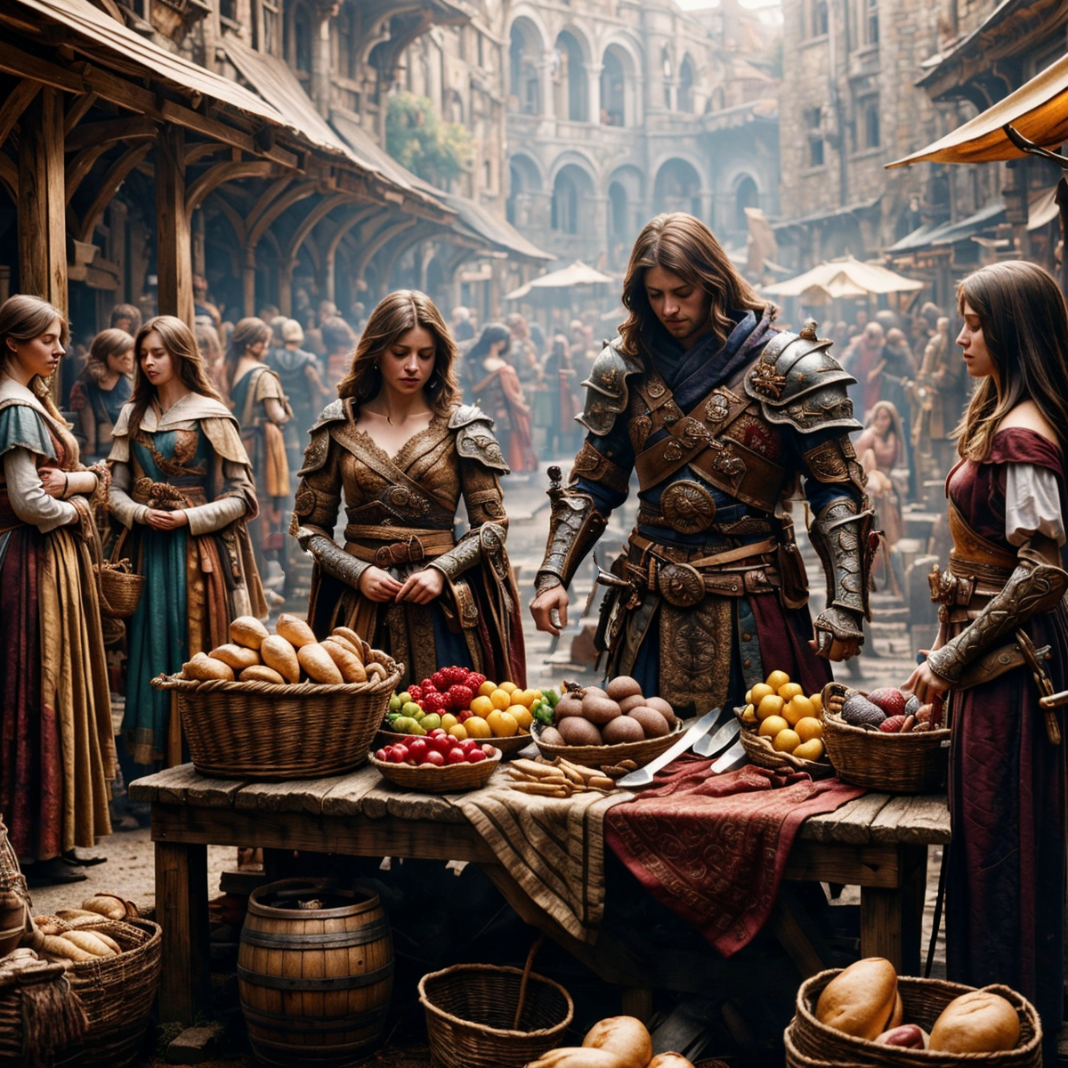 RAW photo, (masterpiece:1.3), subsurface scattering, heavy shadow, (high quality:1.4), (intricate, high detail:1.2), professional color photography, HDR, High Dynamic Range, realistic, ultra realistic, photorealistic, high resolution, film photography, ambient lighting, atmospheric effects, <lora:detail_slider_v4:2>, OverallDetail, <lora:FantasyMarket:1>, fanmar, armor, barrel, basket, blurry, bread, closed eyes, cloud, day, fanmar, fruit, holding sword, knife, multiple girls, outdoors, pavement, robe, scenery, sword, table, watercraft, epiCPhoto
