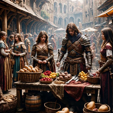 RAW photo, (masterpiece:1.3), subsurface scattering, heavy shadow, (high quality:1.4), (intricate, high detail:1.2), professional color photography, HDR, High Dynamic Range, realistic, ultra realistic, photorealistic, high resolution, film photography, ambient lighting, atmospheric effects, <lora:detail_slider_v4:2>, OverallDetail, <lora:FantasyMarket:1>, fanmar, armor, barrel, basket, blurry, bread, closed eyes, cloud, day, fanmar, fruit, holding sword, knife, multiple girls, outdoors, pavement, robe, scenery, sword, table, watercraft, epiCPhoto