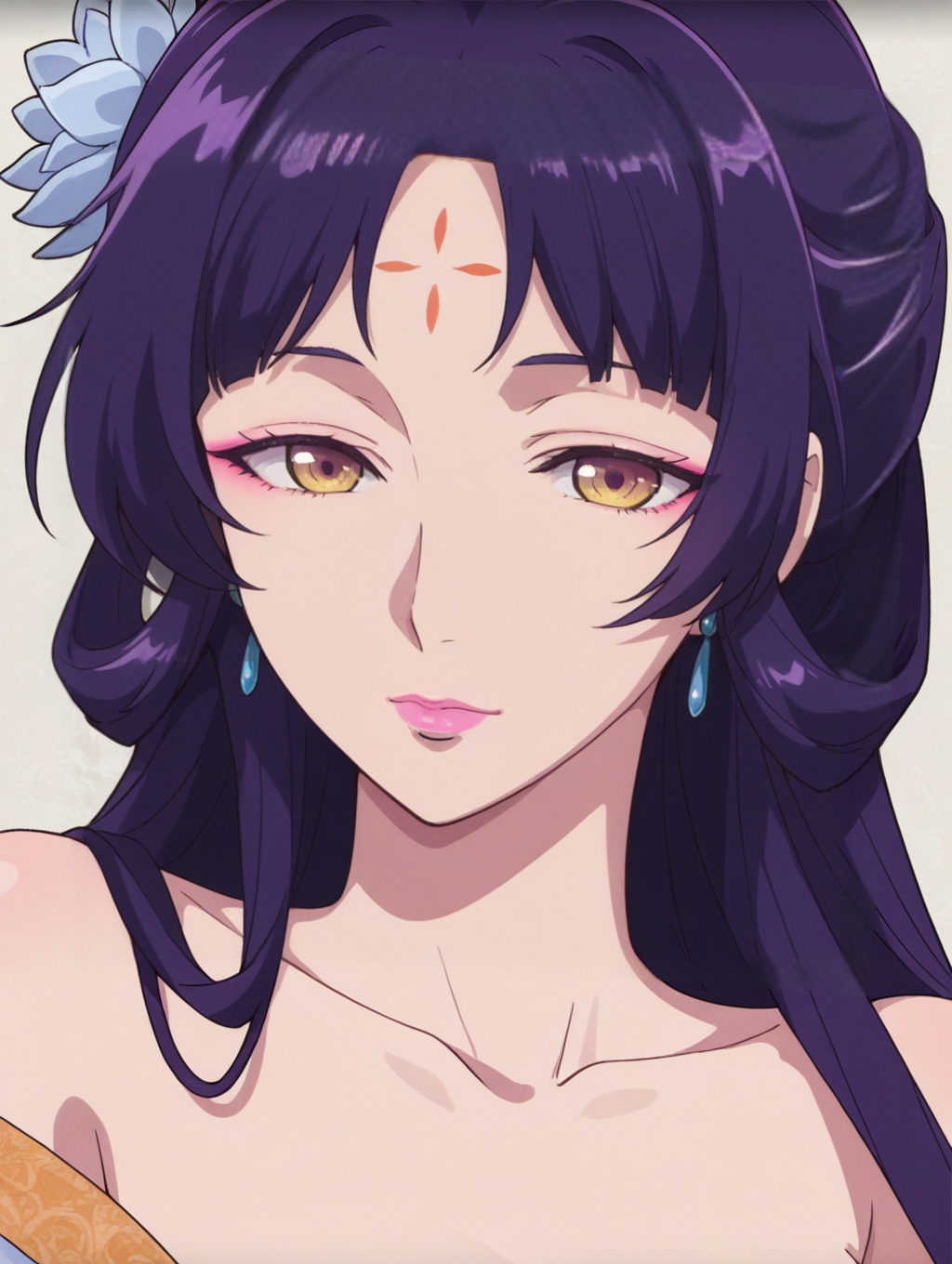 1girl,portrait, 
ywbl,purple hair,long hair,hair over shoulder,hair flower,hair rings,half updo,parted bangs,forehead mark,yellow eyes,pink eyeshadow,pink lips,earrings,white hanfu,bare shoulders
looking at viewer,,<lora:ywbailing_noob:1>