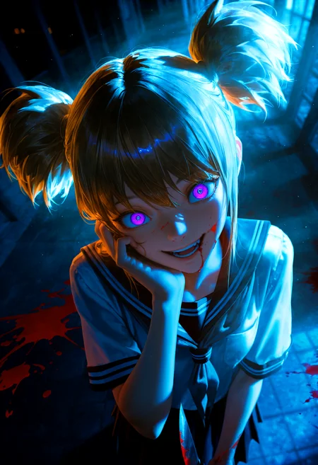 HDR, 8K, high contrast, masterpiece, best quality, amazing quality, very aesthetic, superabsurd res, high resolution, ultra-detailed, absurdres, newest, scenery, (horikoshi kouhei:0.3), (quasarcake:0.3), (wlop:0.3), light rays, chiaroscuro, dynamic angle, backlighting, from above, dutch angle, fisheye, close up, 1girl, dark blonde hair, short twintails, purple eyes, teeth, open mouth, blood on face, smile, crazy eyes, holding knife, hand on own cheek, upper body, school uniform, (colorful), (((blood splatter))), fog, night, dark, dimly lit, Intricately designed, Mysterious, BREAK, photorealistic, beautiful detailed eyes, detailed skin, detailed hair, volumetric lighting, dappled light, light particles, dramatic shadows, cinematic lighting, photo background, depth of field, <lora:ponyxl\cfg_scale_boost:0.8> <lora:IL\KMS_HH_Ash_IL-000003:0.8>