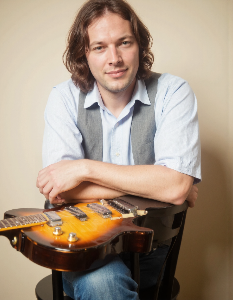 <lora:DAVID_GILMOUR:1>This photograph features a man sitting in a relaxed pose, leaning slightly forward with his arms crossed. He has shoulder-length, dark brown hair that falls naturally around his face. The man is wearing a light blue, short-sleeved button-up shirt with vertical stripes, paired with a grey, sleeveless vest. He is also wearing blue jeans. His expression is calm and slightly smiling.
In front of him, on a black chair, lies an electric guitar with a distinctive sunburst finish, transitioning from a dark brown at the head to a lighter yellow at the body. The guitar's neck is positioned towards the man, with the body resting on the chair. The man's right hand is placed on the guitar, suggesting he may be a musician or enthusiast.
The background consists of a plain, light beige wall, providing a neutral backdrop that highlights the subject. The lighting is soft and even, casting gentle shadows and highlighting the textures of the man's clothing and the guitar. The overall mood of the photograph is casual and intimate, capturing a moment of relaxed enjoyment.