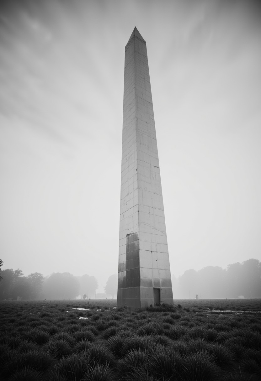 ajchrobo, a monochrome Photography of a shiny metallic Finish and high reflective towering Obelisk amidst a morning meadow