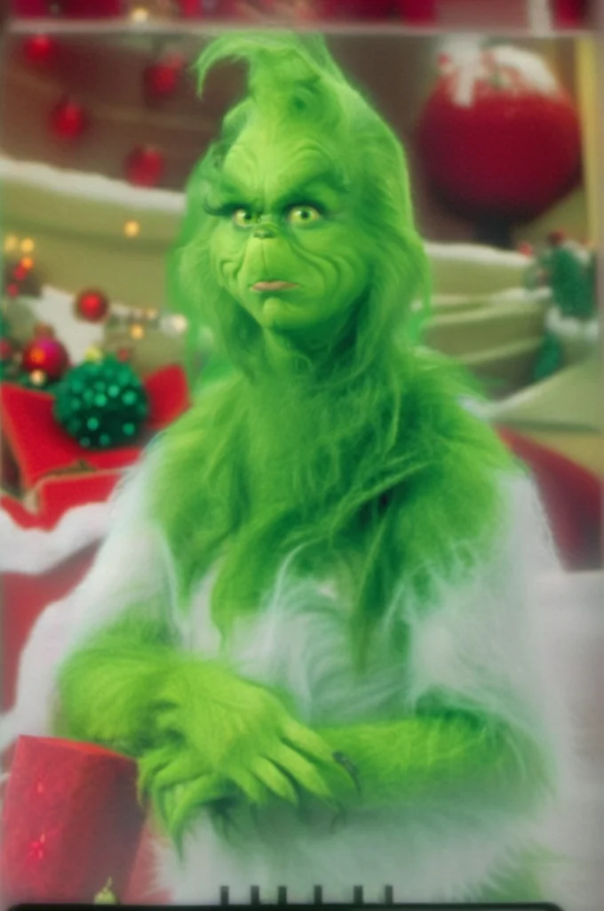 Grinch1024, a humanoid with green fur and green skin, monalisa pose, christmas tree, livingroom, gifts, detailed eyes, highly detailed, photography, ultra sharp, film, bokeh, professional, 4k <lora:Grinch1024-000400:0.8>