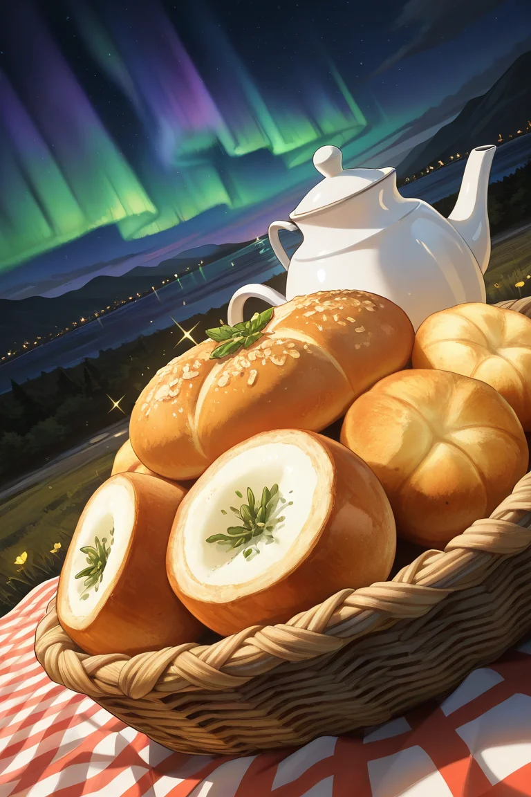realistic shading, natural lighting, food focus, dafoodie, sparkling food focus, sparkle, breads in basket, bread basket on picnic blanket, teapot, outdoors, night sky, aurora borealis, dutch angle, dynamic angle, intricately detailed illustration, depth of field, atmospheric perspective, masterpiece, best quality, amazing quality, very aesthetic, absurdres, newest