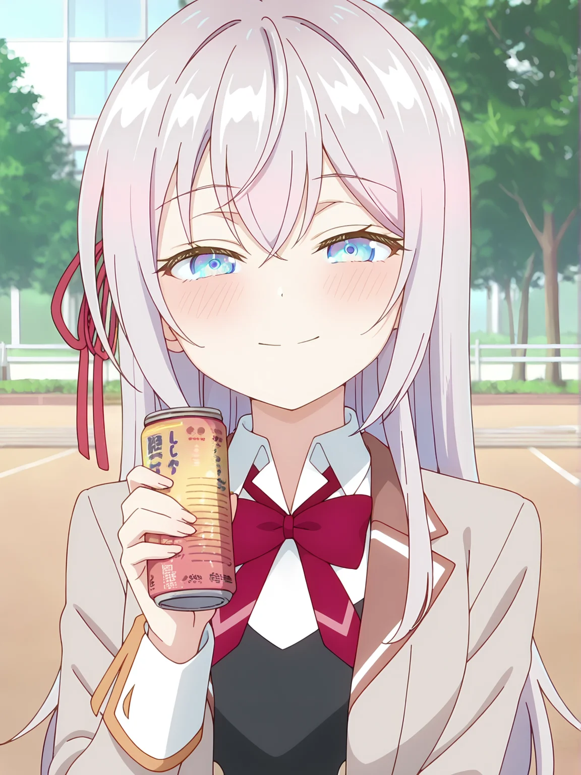 <lora:Alya_v2:0.9>, alya, 1girl, solo, blue eyes, long silver hair, red hair bow, school uniform, beige blazer, white collared shirt, red necktie, black buttoned dress, blush, smile, half-closed eyes, closed mouth, standing, holding can, looking at viewer, upper body, cropped, outdoors, tree, school garden, day, sunny