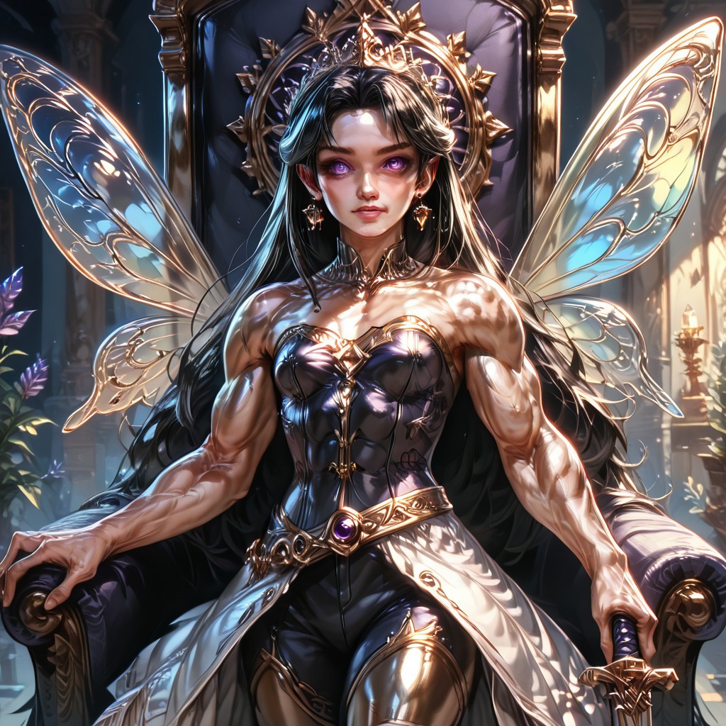 Action scene, detailed, photo realistic, hyper realistic, score_9, rating_safe, solo ((arch fey, violet eyes, (beautiful woman, white underbust corset, skirt, pants, sword belt, and holding a sword), ((bronze metallic gold skin ral-polishedsteel)), ((huge muscles, muscular shoulders, muscular thighs, muscular biceps, small petite breasts)), (fairy wings), (long black hair))), (standing next to a multicolored crystal throne, in a detailed throne room filled with treasures, detailed lighting), hi res, hi quality, 4k, concept art, digital art, realistic, detailed background, lens flare, pixel art, piratical beauty, great lighting