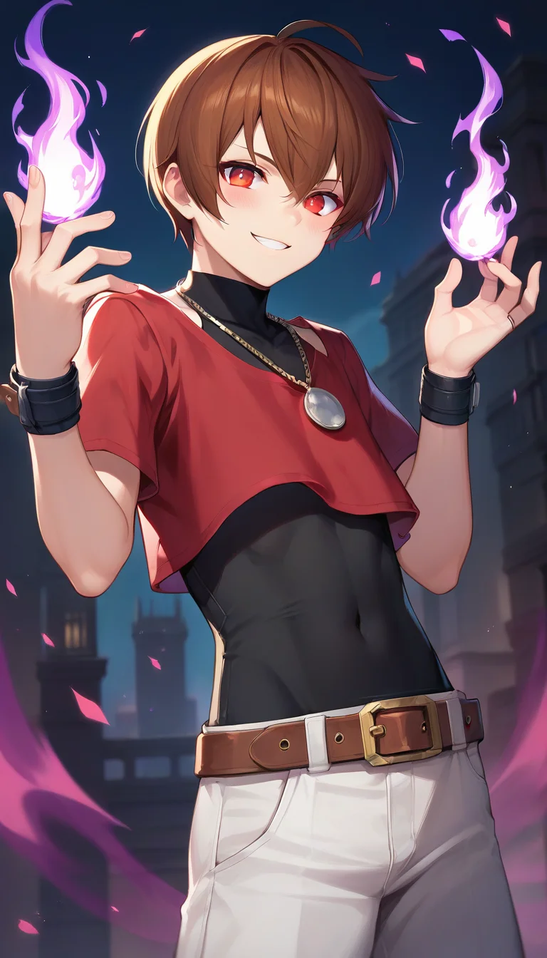 score_9,score_8_up,score_7_up,score_6_up BREAK official art,1boy,solo,outdoors,cowboy shot,looking at viewer,facing viewer,evil smile,blush,androgynous,Chris,short hair,brown hair,hair between eyes,bangs,red eyes,glowing eyes,jewelry,necklace,red shirt,turtleneck,black vest,vest covered navel,short sleeves,wristband,bracelet,hands up the fire,pyrokinesis,purple fire,groin,brown belt,white pants,pants rolled up,black socks,red boots,<lora:Chris(kof)-Pony:1.4>,