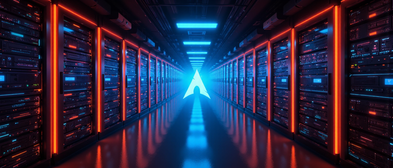 a neon blue arch linux logo in a futuristic data center server farm with orange lights on isles of computers in dark corridors. neon, panorama, ultrawide aspect ratio, photorealistic, wide angle lens, photography, cyberpunk, archlinuxlogo, ck-rw, in the style of ck-rw