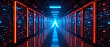 a neon blue arch linux logo in a futuristic data center server farm with orange lights on isles of computers in dark corridors. neon, panorama, ultrawide aspect ratio, photorealistic, wide angle lens, photography, cyberpunk, archlinuxlogo, ck-rw, in the style of ck-rw