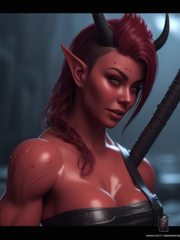 photo, nude ,red, Karlach , ifbb,  modeling, standing, hold spear, giant (red skin:1.6) , muscular sexy red, huge tits, smiling, fiery eyes, white teeth, detailed skin, black hair,  , (Devil_Girl_XL:1.2), ((huge boobs)),  strong pose, armed, (red skin:1.6), Red hair highlights,  <lora:Devil_Girl_XL-000004:0.6> , epic background, fantasy city, depth of field, great lighting, alluring lighting, rim lights, hair lights, cinematic, erotic, spooky, fantasy setting. DnD
