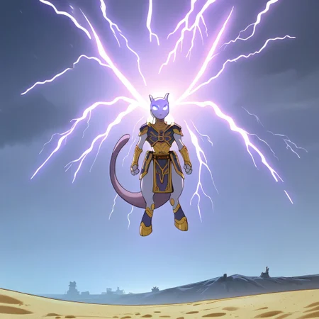 score_9, score_8_up, score_7_up, source_anime,  solo,  facing front,  close up, upper body shot, 
Solo focus, Storm God Mewtwo (purple skin, tail, horns, no ears, no nose, hairless, bald, glowing eyes), Egyptian style clothes (robes and armor, headdress, ancient egyptian clothes), 
Floating in the air, flying, purple lightning striking the earth, 
Background (black sky, Sand dunes, thunderstorm, storm, hurricane, stormy sky, violet clouds) , 
<lora:pony/expressiveh:0.8> expressiveh,