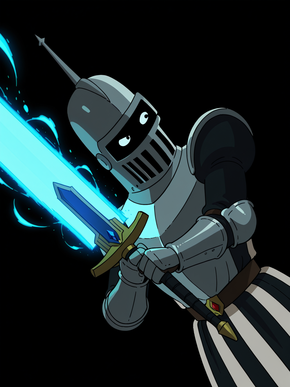 holy knight, full armor, helmet, holding greatsword, magic, black background, simple background, solo, battle stance, dynamic pose, standing, looking to the side, upper body, dutch angle, attack,
,  <lora:FuturamaHRIL:1>, best quality, absurdres
