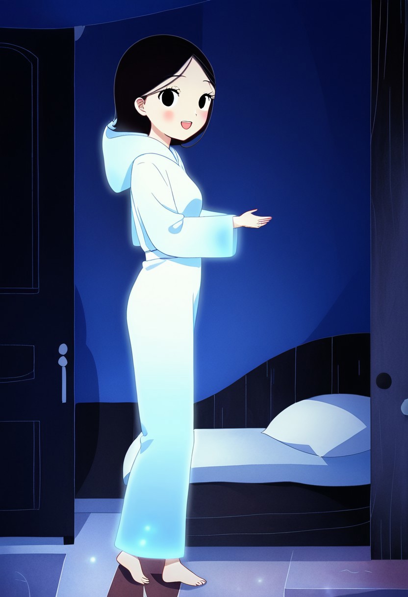 zPDXL3, source_cartoon, Perfect Hands, full body,
1girl, solo, aged down, bedroom, looking at viewer, saoirse, black hair, black eyes, blush, ghost, hood up, robe, barefoot, glowing, dancing on bed, from side, facing at viewer, feeling cold, eyes open, smile, open mouth, sleeve past wrist, slim body, long body, highlight cloth wrinkle, anime style, left leg in the air,
<lora:Perfect Hands:1>  <lora:Saoirse_-_The_Song_of_the_Sea-000009:1>
