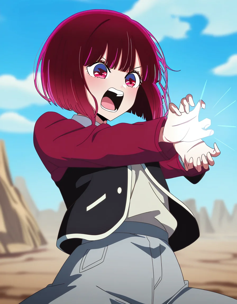 masterpiece, best quality, newest, absurdres, highres, safe,, <lora:kana-arima-s1-ponyxl-lora-nochekaiser:1>, kana arima, short hair, bangs, red eyes, red hair, bob cut,, <lora:kamehameha-illustriousxl-lora-nochekaiser:1>, kamehameha, kamehameha (dragon ball), open mouth, outstrecthed arms, torn clothes, shouting, from side,, outdoors, wasteland,,