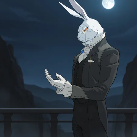 masterpiece, best quality, amazing quality, whit3r4bbit, male, humanoid, solo, rabbit mask, rabbit ears, orange sclera, slit pupils, buck teeth, stitches, monocle, black suit jacket, black vest, buttons, blue necklace, white cravat, white gloves, black pants, black shoes, standing, frown, serious, looking at palm, side view, outdoors, night, moon,