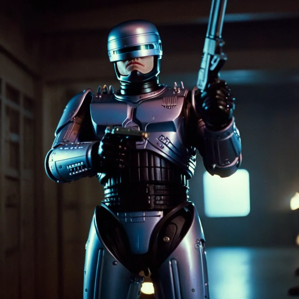 cinematic film still of  <lora:RoboCop 1987:1.2>
RoboCop 1987 a villain criminal man holding a shotgun in a dark room, shallow depth of field, vignette, highly detailed, high budget, bokeh, cinemascope, moody, epic, gorgeous, film grain, grainy