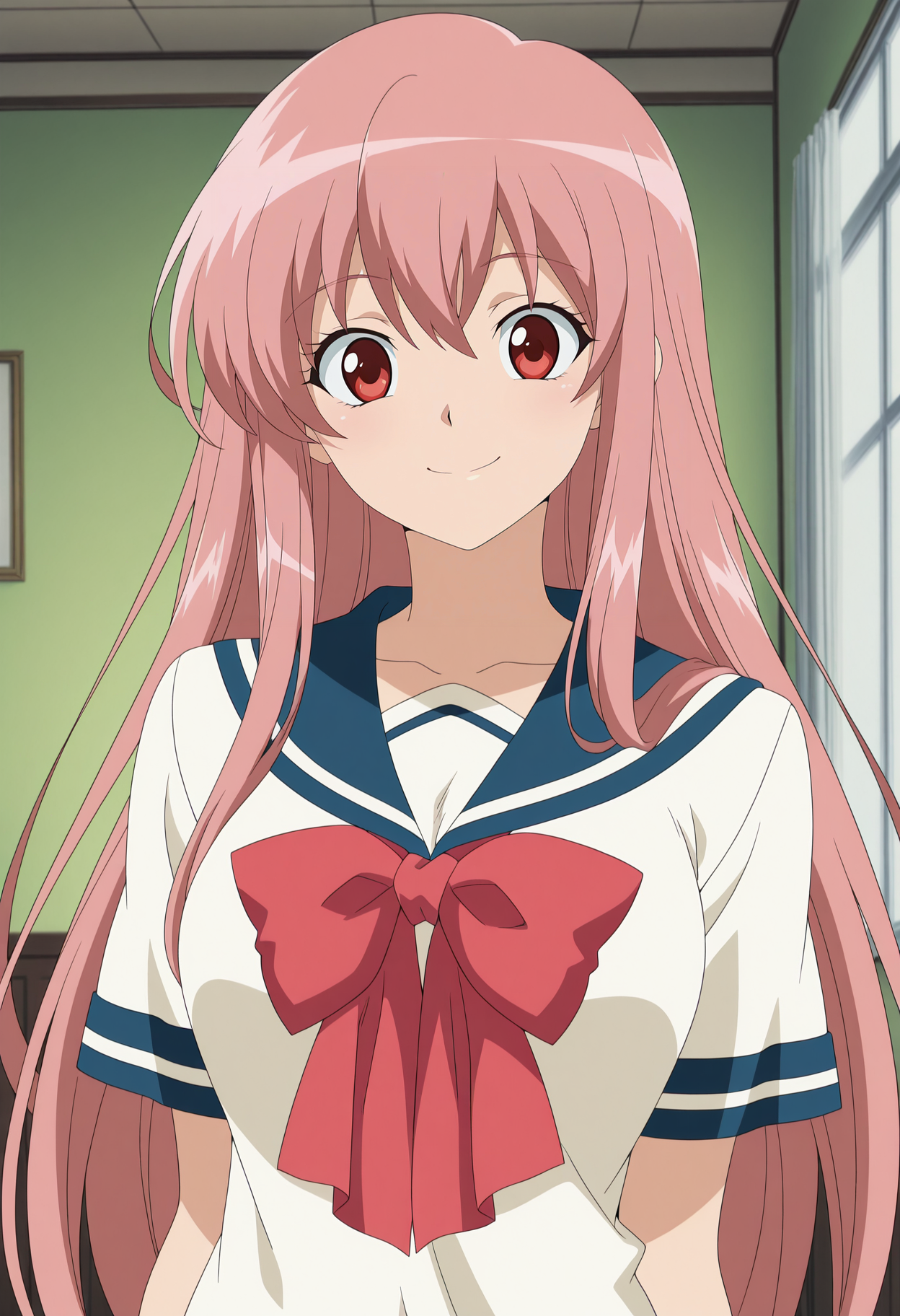 1girl,solo,mm,aged up,long hair,pink hair,red eyes,anime coloring,
school uniform,serafuku,bow,short sleeves,upper body,smile,looking at viewer, indoors 
,masterpiece,best quality,amazing quality,<lora:Mayura_Daidouji-Matantei_Loki_Ragnarok:0.8>
