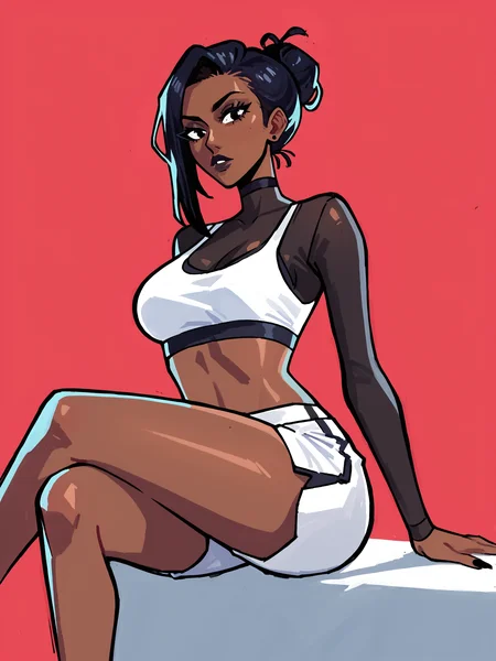 score_9, score_8_up, score_7_up, score_6_up, score_5_up, score_4_up,
BREAK
1girl, dark skin, black hair, black eyes,
BREAK
solo, sitting, crossed legs, white sport shorts, white sports bra,
BREAK
red background, simple background, <lora:Lunas-KaatokunArt-SDXL-A1:1>