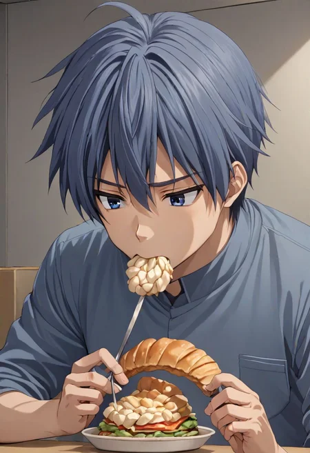 high resolution, solo, best quality, 1Boy, Tomoya Okazaki, Grey Blue Hair, Eating Dango, OverallDetail