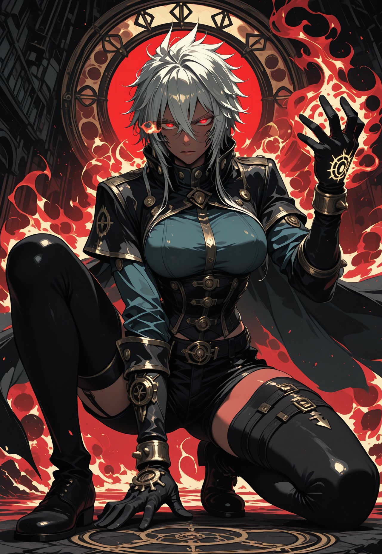 highres, highly detailed, amazing quality, masterpiece, golden order, 
dynamic pose, dynamic angle, closeup, (on one knee, channeling spell), 
(tier_harribel), face, eyes, serious, 
steampunk, shorts, thighhighs, corset, cape, capelet, gloves, 
fiery aura, hell, occult, otherworldly mist, 
red theme, colorized monochrome, glowing eyes, red eyes,
