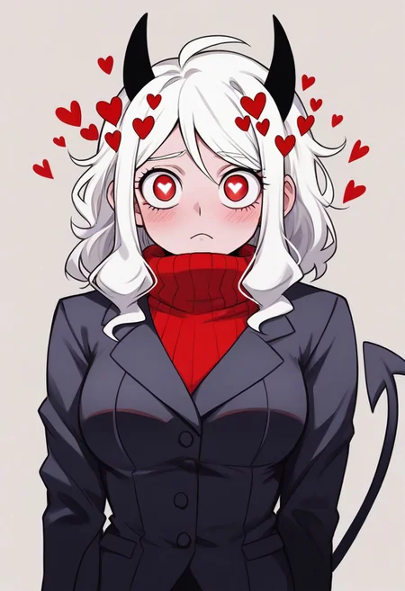 <lora:flattening-ponyxl-v1:1.3>, ,, Modeus_(Helltaker),horns, heart, demon girl, demon horns, heart-shaped pupils, symbol-shaped pupils, black horns, medium hair,demon tail, sweater, red sweater, tail, ribbed sweater, long sleeves, turtleneck, black jacket, formal, suit,, Anime eyes, anime face,<lora:add-detail-xl:0.7> <lora:xl_more_art-full_v1:0.1>