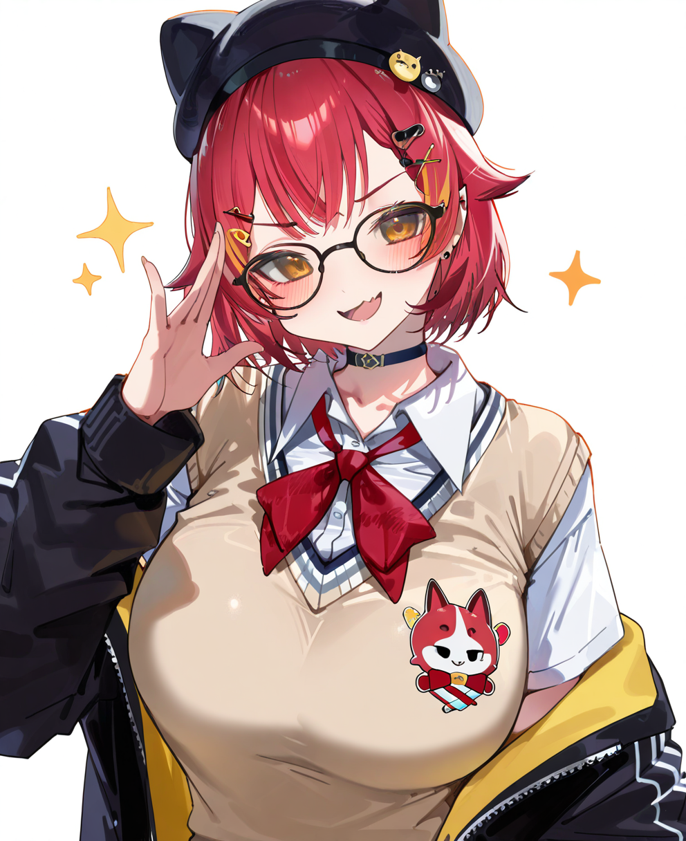 <lora:shiro_marimo:1>, shiro_marimo,
(masterpiece), (best quality), (ultra-detailed), amazing quality, very aesthetic, illustration, perfect composition, intricate details, absurdres, incredibly absurdres, shiny skin, realistic,
 shiro_marimo, 1girl, red hair, virtual youtuber, jacket, shirt, necktie, black jacket, solo, choker, collared shirt, red necktie, white shirt, hat, breasts, sweater vest, glasses, short hair, white background, large breasts, hair ornament, simple background, looking at viewer, black choker, orange eyes, black , black headwear, fang, long sleeves, open jacket, upper body, smile, blush, beret, sparkle, x hair ornament, open clothes, open mouth, animal ears, , skin fang, animal hat, animal ear headwear, hairclip, adjusting eyewear, school uniform, fake animal ears, off shoulder, vest, yellow eyes, piercing, general