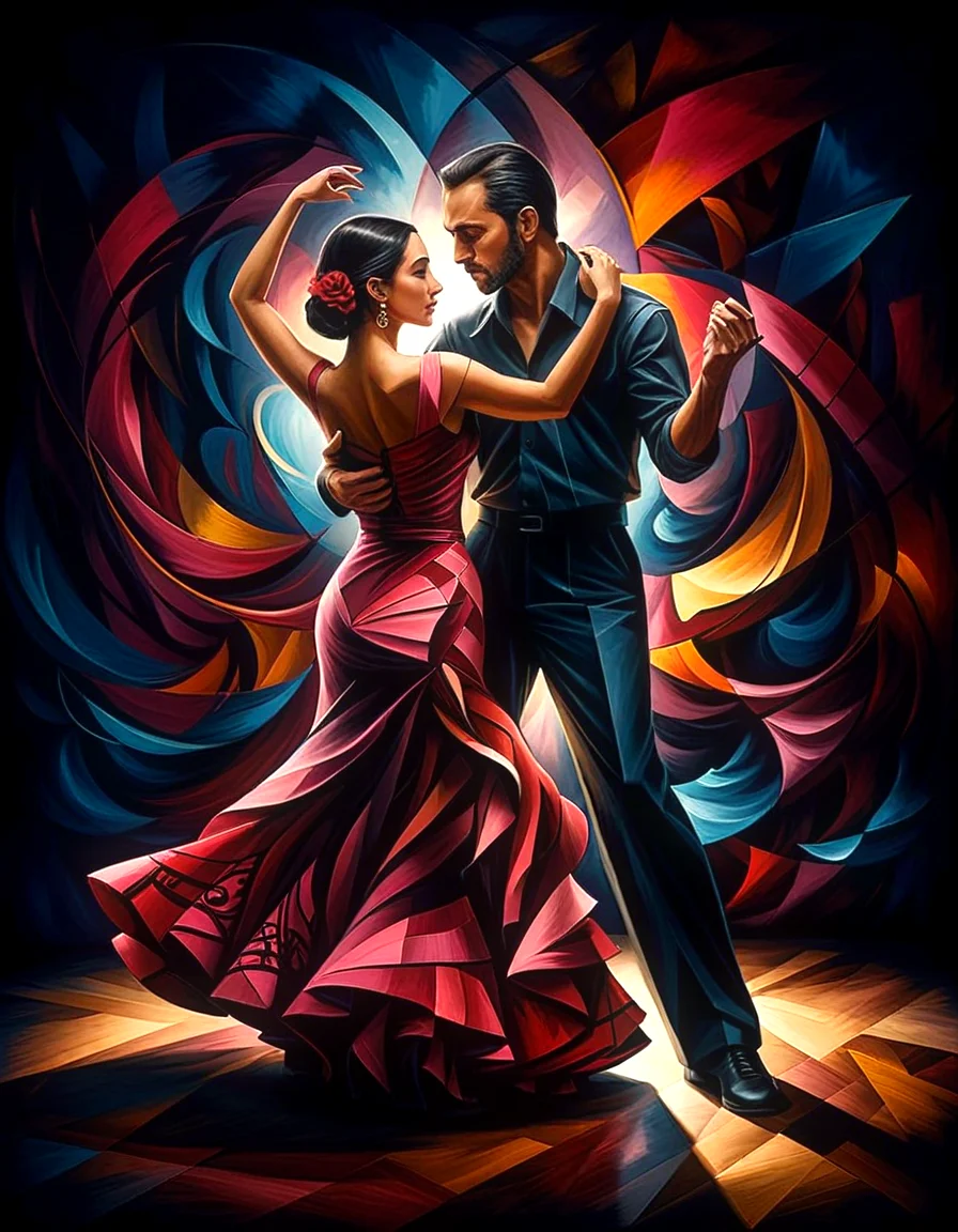 chiaroscuro, very detailed, couple man woman flamenco dancing, ballroom dance hall, 8k, solid back background, specular, led, dark, moody, high contrast, cubsimart,