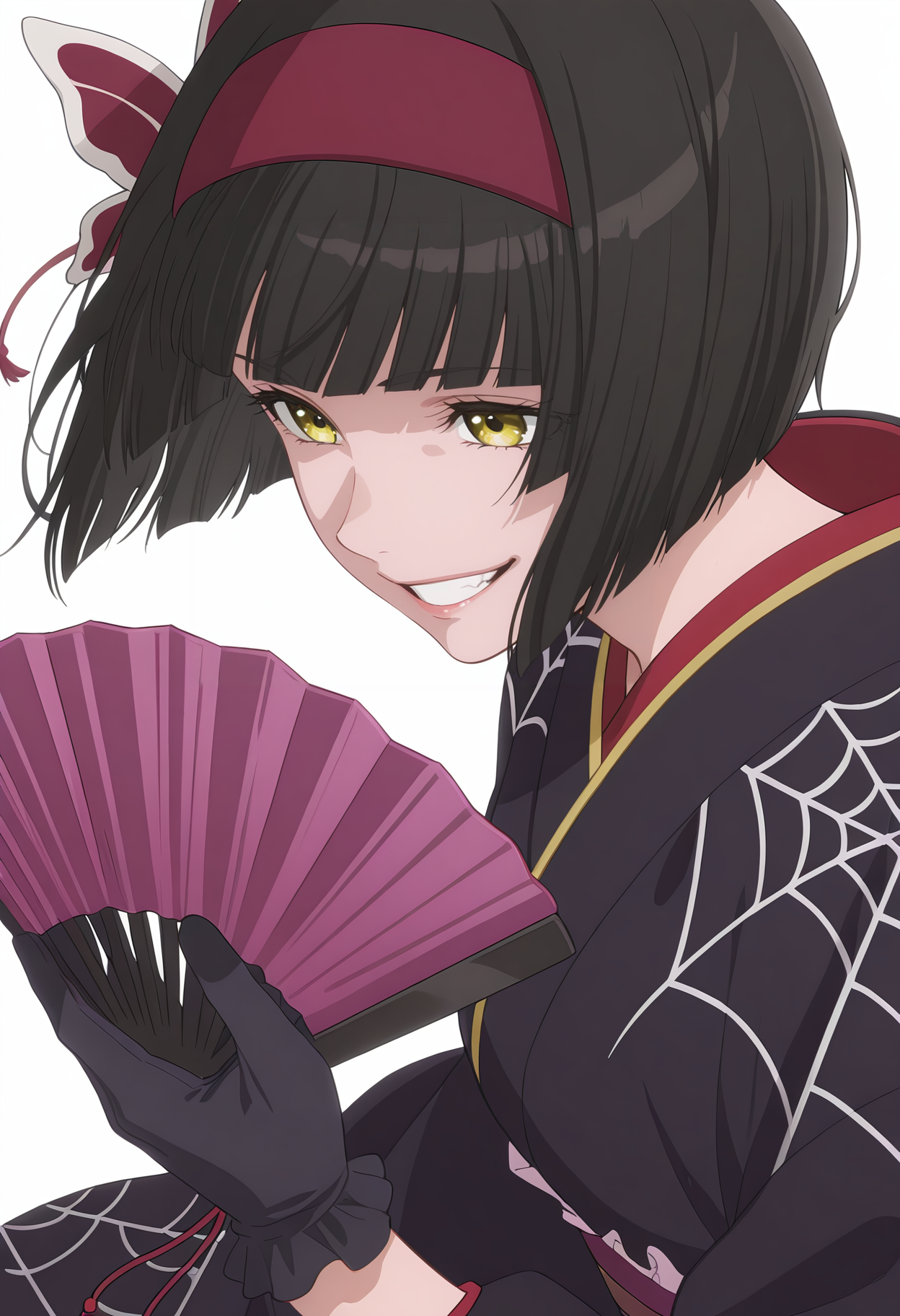 Smooth Quality,masterpiece, ultra realistic,
simple background, white background, 
dynamic angle,crazy smile,wind, 
 <lora:MioCnn:0.8> Mio/Cnn, 1girl, short hair, bangs, japanese clothes, kimono, yellow eyes, hairband, blunt bangs, black gloves, black hair, spider web print,butterfly hair ornament,folding fan,