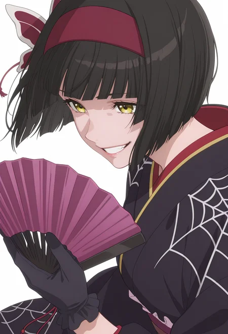 Smooth Quality,masterpiece, ultra realistic,
simple background, white background,
dynamic angle,crazy smile,wind,
<lora:MioCnn:0.8> Mio/Cnn, 1girl, short hair, bangs, japanese clothes, kimono, yellow eyes, hairband, blunt bangs, black gloves, black hair, spider web print,butterfly hair ornament,folding fan,